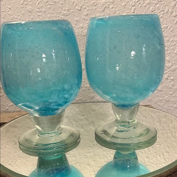 Set of Two Blue Blown Glass Goblets - Picture 3 of 11